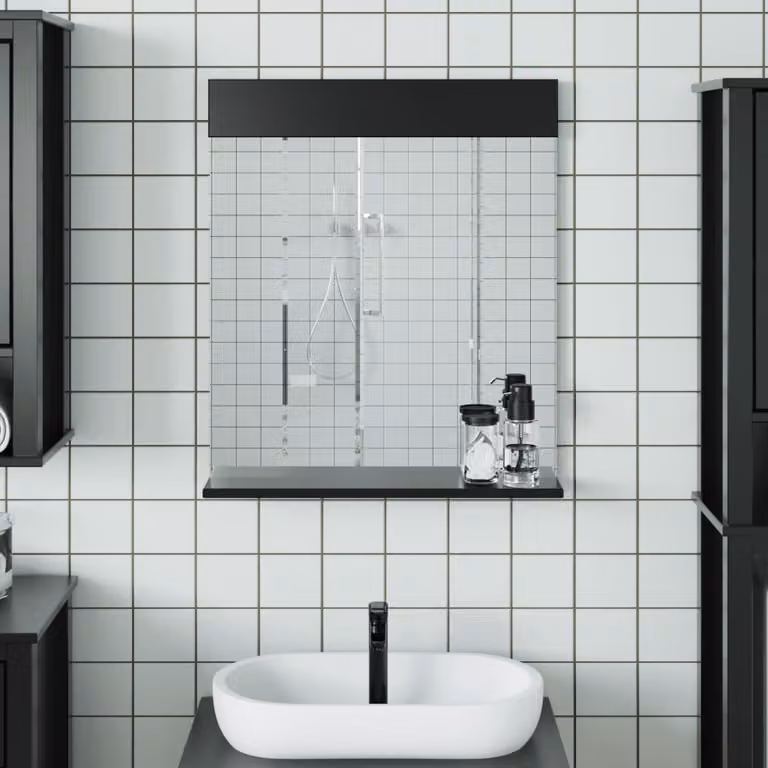 Specchio da bagno con ripiano vidaXL BERG in legno massello di pino e vetro, colore nero, L: 60 cm, P: 12 cm, H: 70 cm