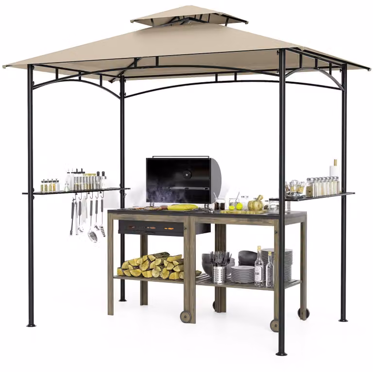 Gazebo per barbecue COSTWAY con doppio tetto, 2 ripiani laterali e 6 ganci, gazebo per barbecue, copertura per barbecue resistente alle intemperie, riparo per barbecue 242x150x250 cm, beige