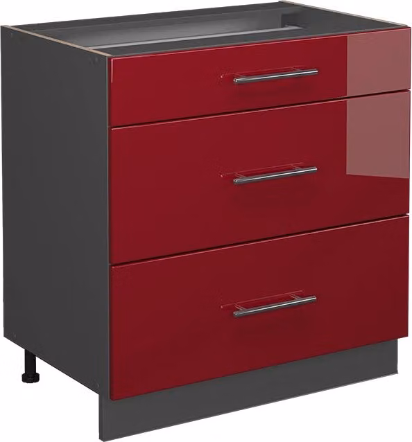 Mobiletto base per cucina Fame-Line Bordeaux lucido/Antracite 80 cm con 3 cassetti, PL Antracite Vicco