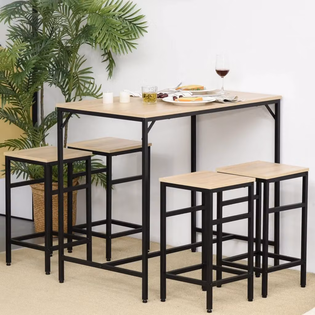 Set Bar Giordanoshop con Tavolino Rettangolare e 4 Sgabelli in Metallo e Legno Rovere Chiaro, Colore Nero e Beige – 2