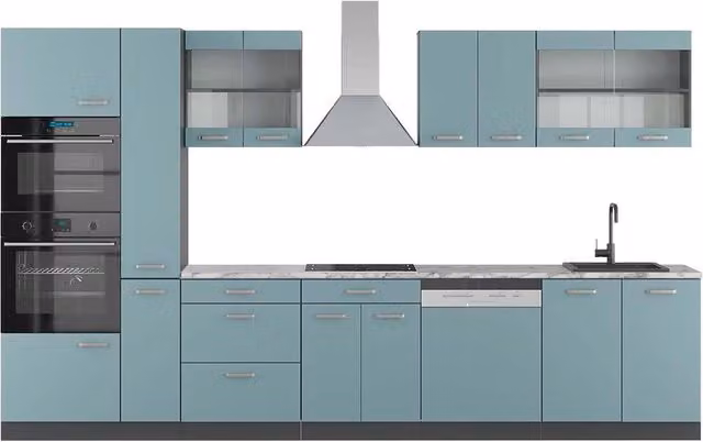 Cucina componibile moderna Vicco R-Line Grigio-blu/Antracite L: 350 cm con armadio alto e piano in marmo