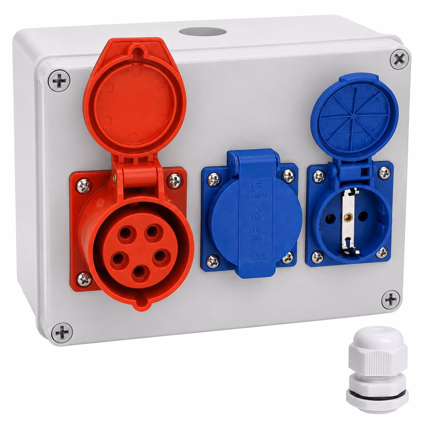 Pannello di distribuzione a parete, grado di protezione IP67, con 2 prese Schuko da 230V e 1 presa CEE da 16A per corrente elevata