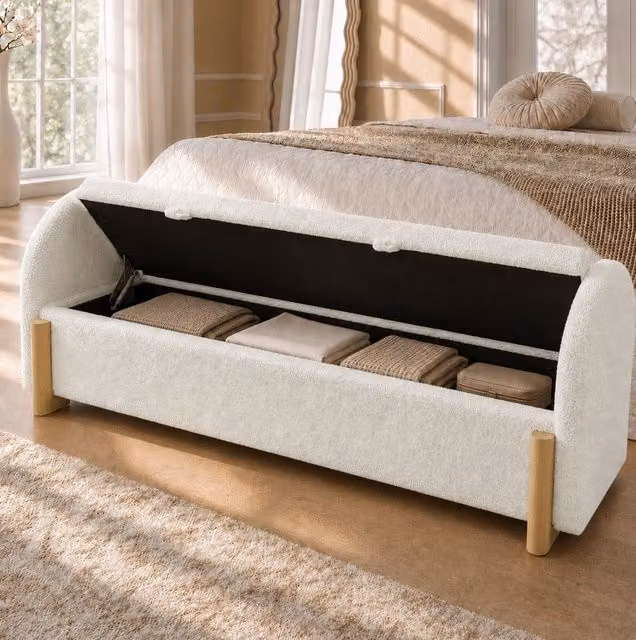 Panca contenitore imbottita in chenille bouclé con apertura idraulica; 186 cm; bianca