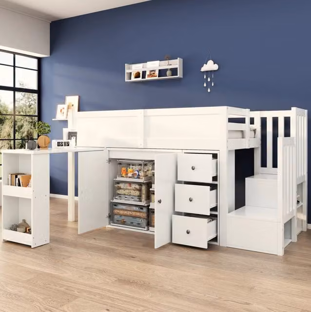 Letto a castello per bambini 90x200 cm in MDF bianco con scrivania estraibile e contenitore