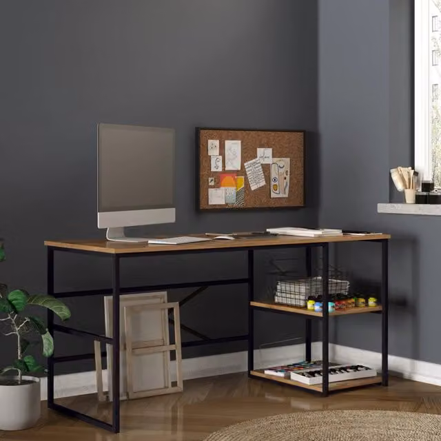 Scrivania moderna DMORA in legno color rovere e nero per home office L: 160 cm, P: 60 cm, H: 75 cm