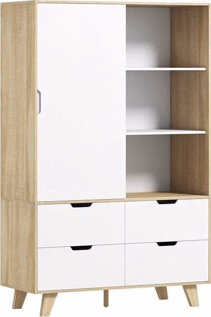 Armadio da camera HOMCOM con ante scorrevoli, barra appendiabiti, ripiani interni e 4 cassetti, Rovere e Bianco – 1