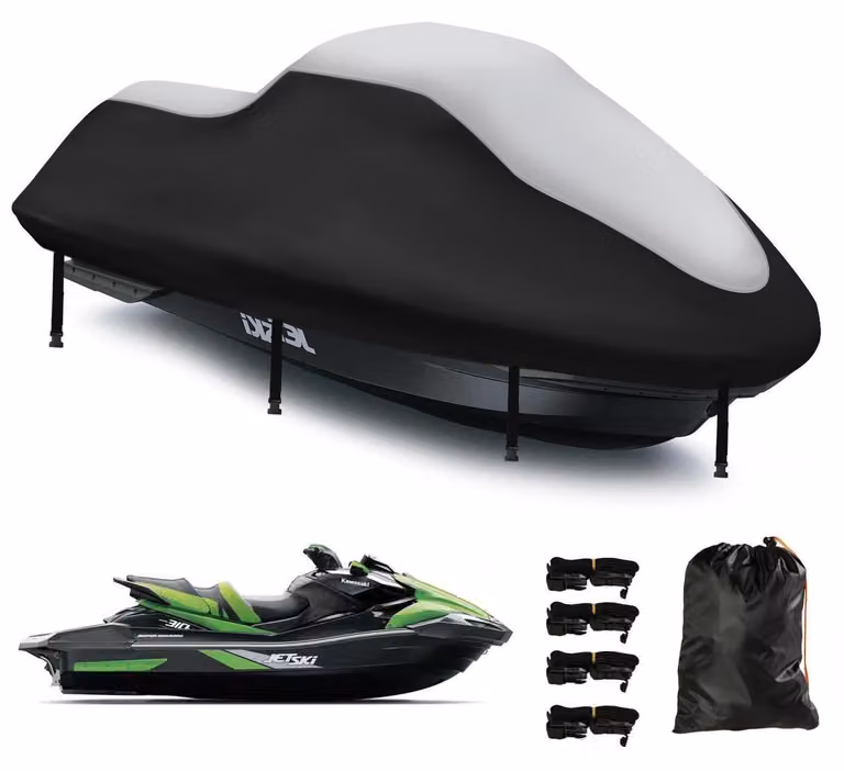 Copertura per jet ski, modello da 3 posti, tessuto 420D con rivestimento nano, resistente ai raggi UV, colore argento e nero, dimensioni da 345 a 368 cm