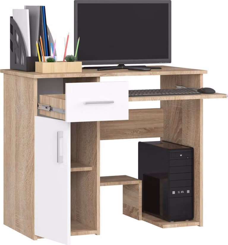 Scrivania da 90 cm con ripiano per tastiera, 1 cassetto e 1 anta; scrivania per computer, tavolo da lavoro