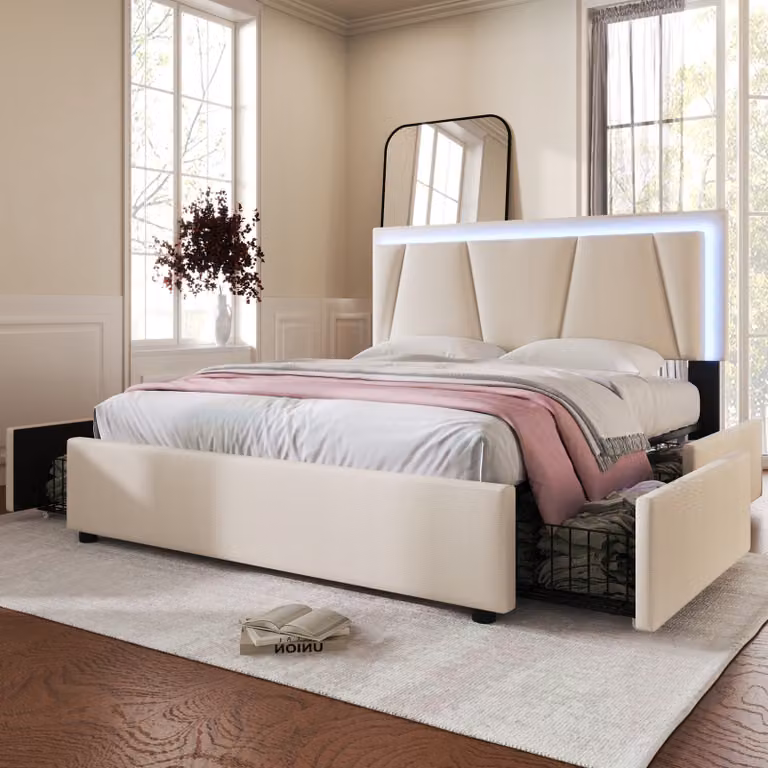 Letto imbottito Flieks 160x200cm con 4 cassetti, letto per ragazzi letto matrimoniale con rete a doghe, letto contenitore letto in legno con LED, lino, beige