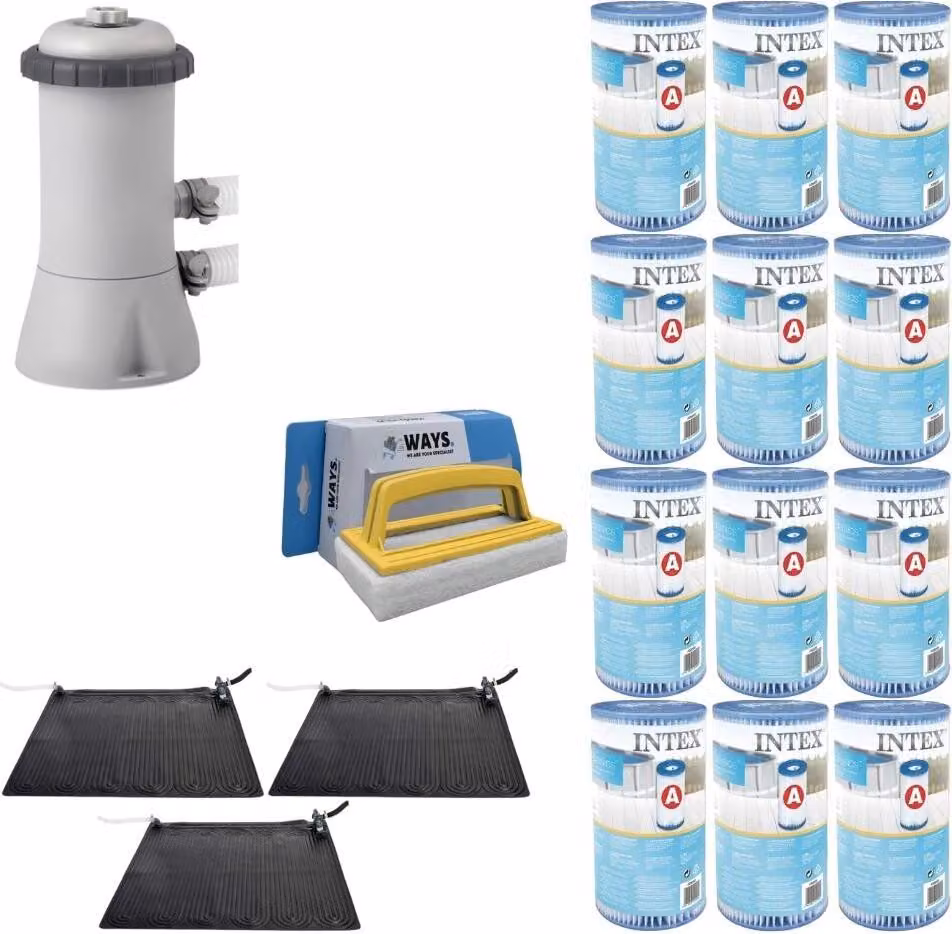 WAYS - Cura della piscina - 3x riscaldatore per piscina e pompa filtro 2271 L/u & 12 filtri di tipo A & spazzola WAYS per il lavaggio