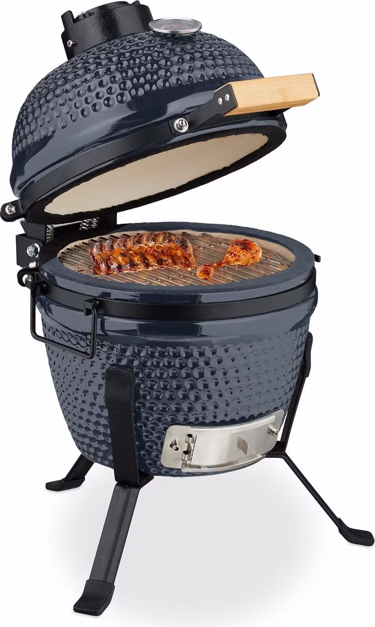 Relaxdays, griglia Kamado, diametro 32 cm, griglia in Vetroceramica con termometro fino a 450°C, ideale per barbecue, grigliate, cottura e cottura al forno, affumicatura, colore grigio