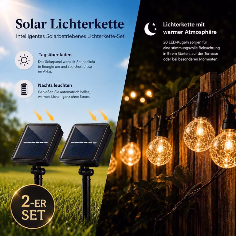 2x luci solari 5m - 20 LED a sfera di cristallo, bianco caldo, IP65, giardino e terrazza, 8 modalità, H094