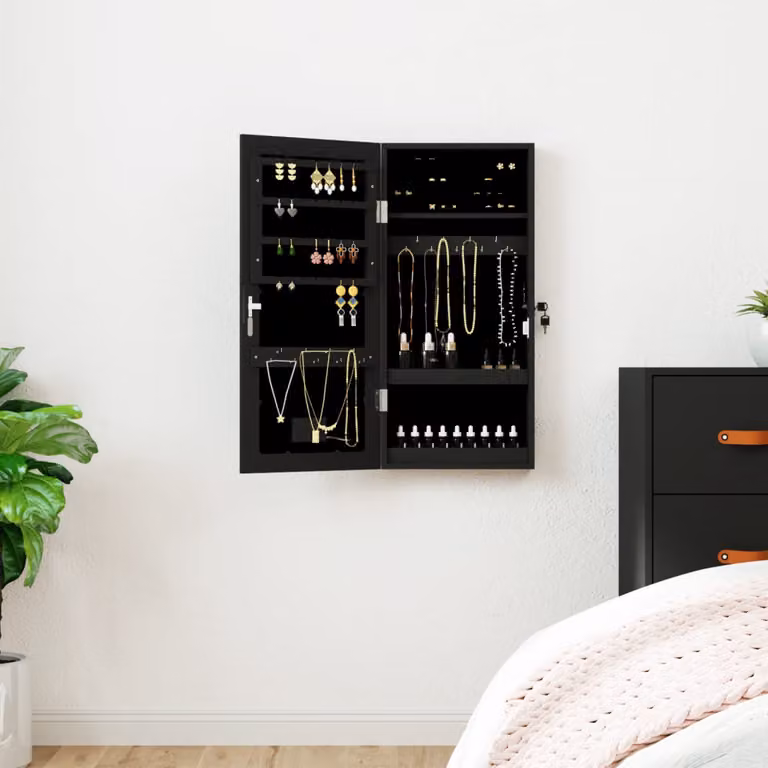 Armadio Portagioie vidaXL con Specchio e Luci LED, Modello da Parete Moderno, Nero