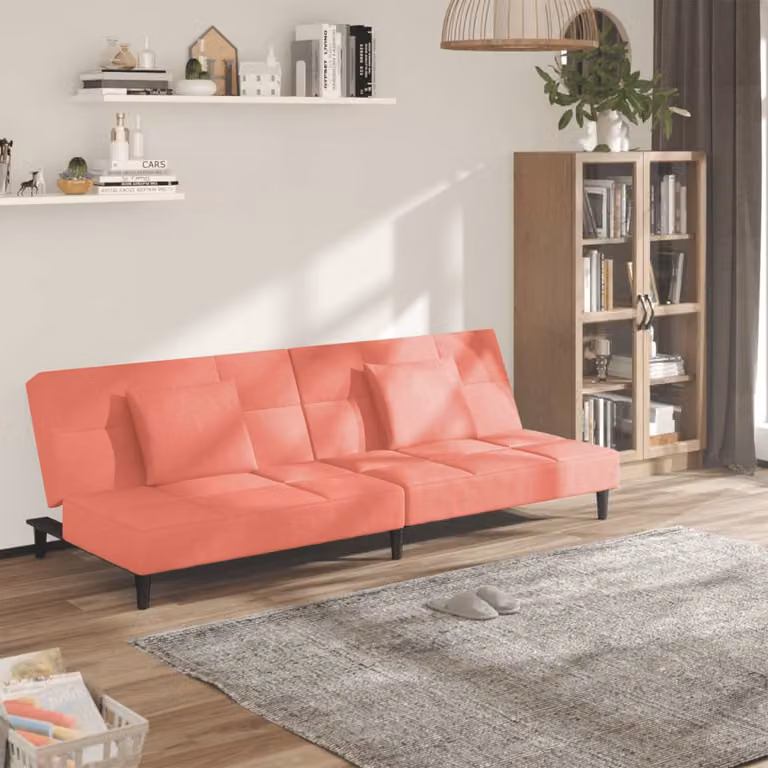 vidaXL Divano Letto Click-Clack a 2 Posti in Velluto Rosa con 2 Cuscini e Struttura in Legno Massiccio