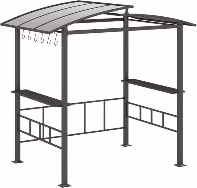 Gazebo per barbecue HELLOSHOP26 con tetto rigido in policarbonato nero e 2 ripiani, L: 248 cm, P: 150 cm, H: 232 cm