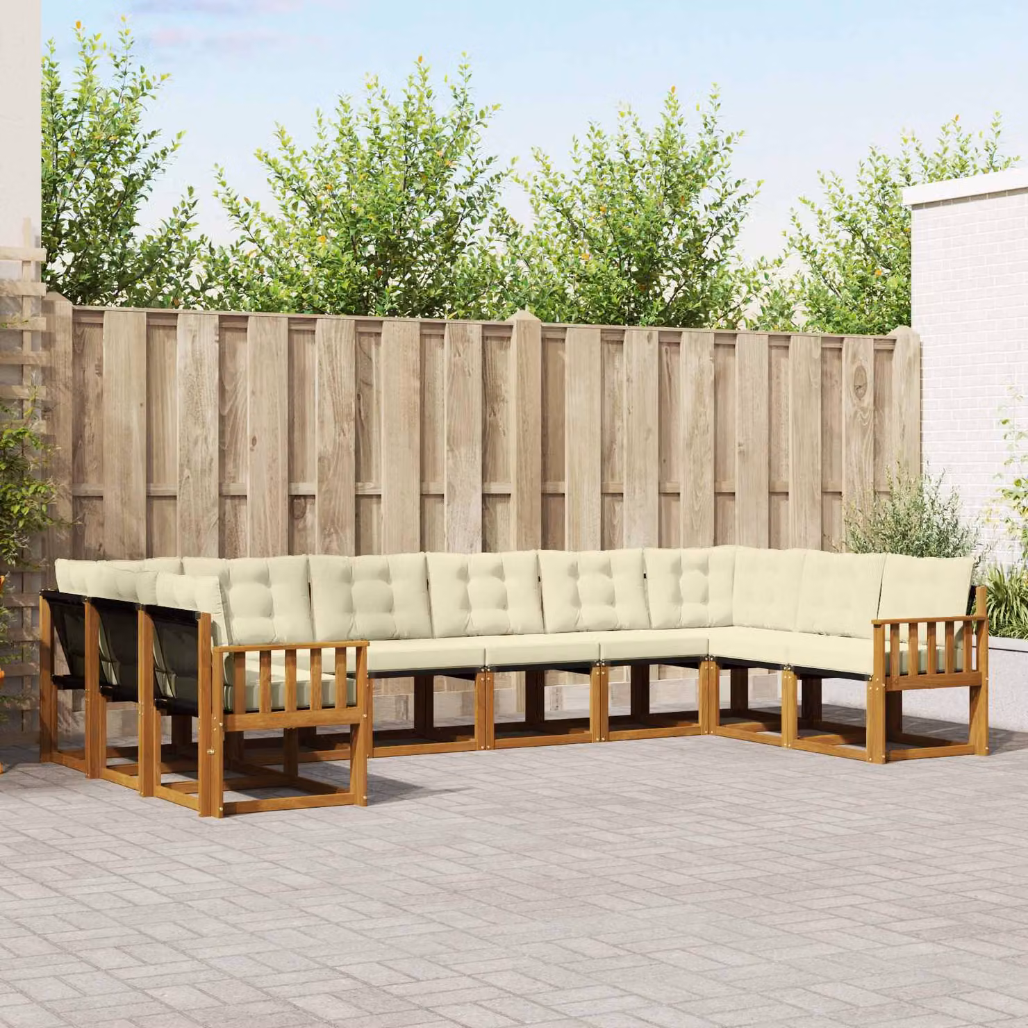 Set di divani da esterno vidaXL 10 pezzi in legno di acacia con cuscini beige e bianco per giardino e terrazza