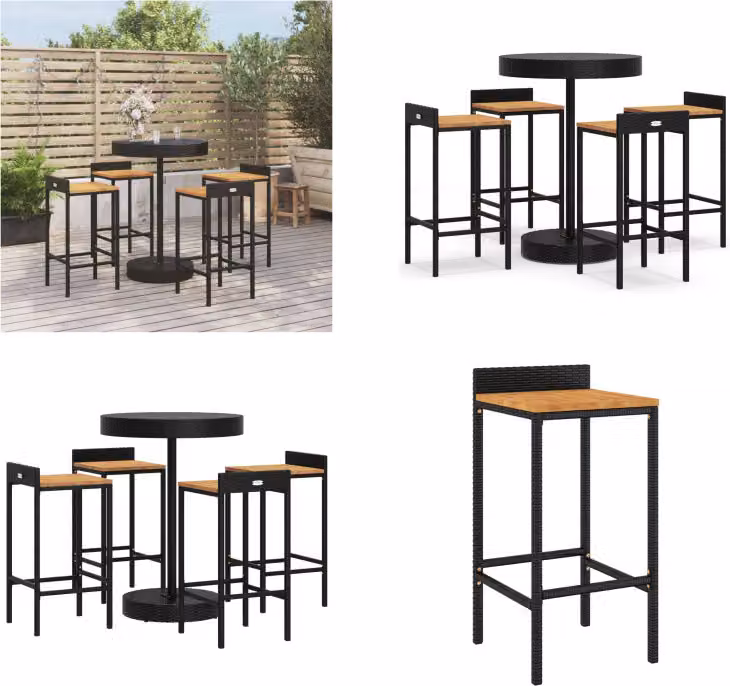 vidaXL Set bar da giardino 5 pezzi in poly rattan nero e legno massiccio di acacia - Set bar da giardino - Set bar da giardino - Set bar da giardino - Bar da giardino