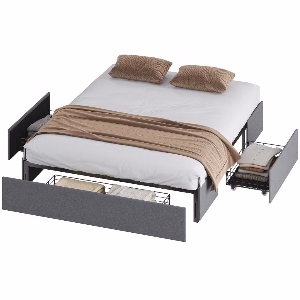 Struttura Letto Matrimoniale con 3 Cassetti Design In in Legno e Metallo, Grigio, L: 165 cm, P: 193 cm, H: 30 cm – 2