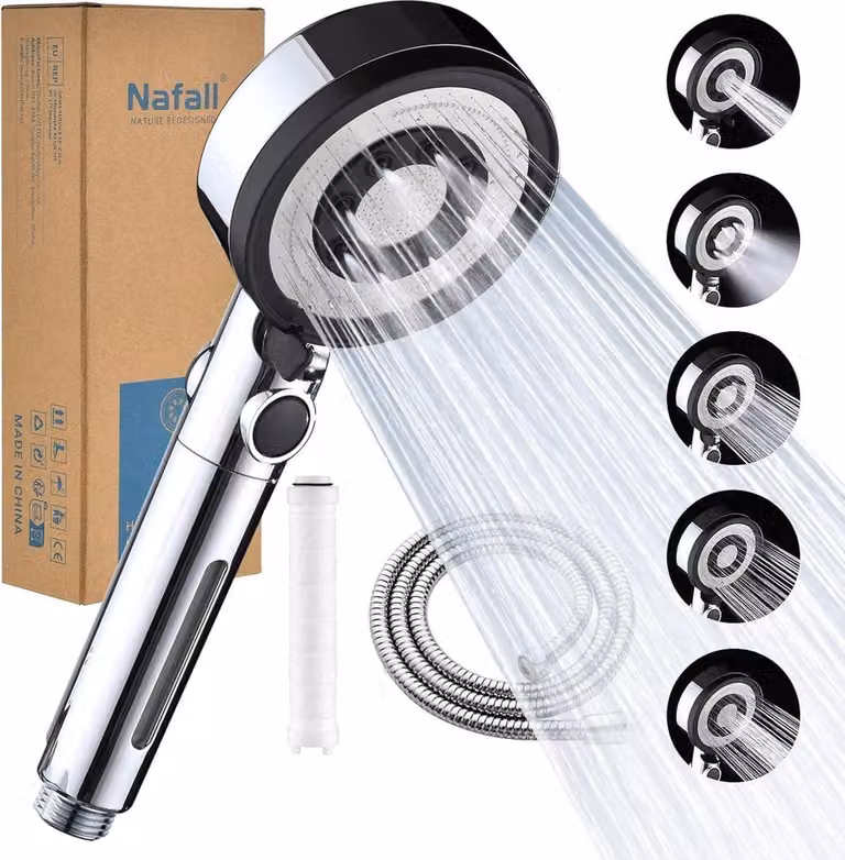 Nafall soffione doccia filtro 1,5 m tubo doccia a mano risparmio idrico 5 modalità di spruzzo alta pressione doccia a pioggia funzione stop cromo