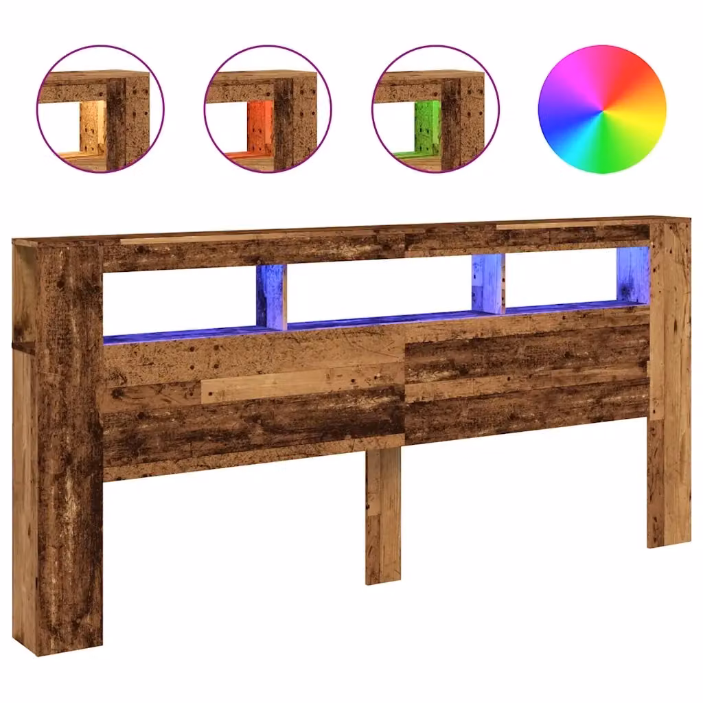 Testiera Decorativa con LED Design Mania in Legno Antico Marrone con Mensola e Porte USB L/P/H: 220 x 18,5 x 103,5 cm – 2