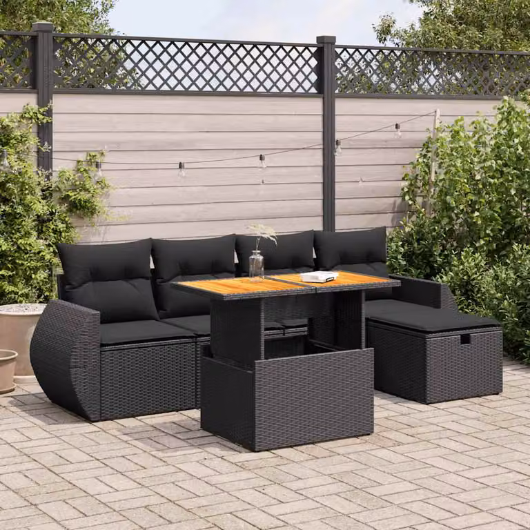 Set Divano da Giardino a L vidaXL in Polyrattan e Legno di Acacia Nero con 6 Pezzi e Cuscini