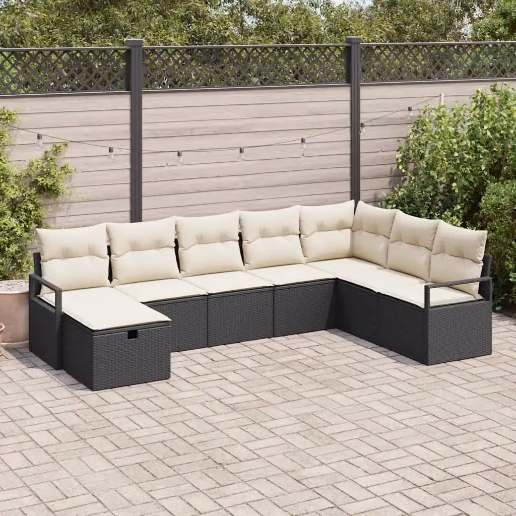 Set di divani da giardino vidaXL a 8 posti in rattan con cuscini, Nero e Beige – 1