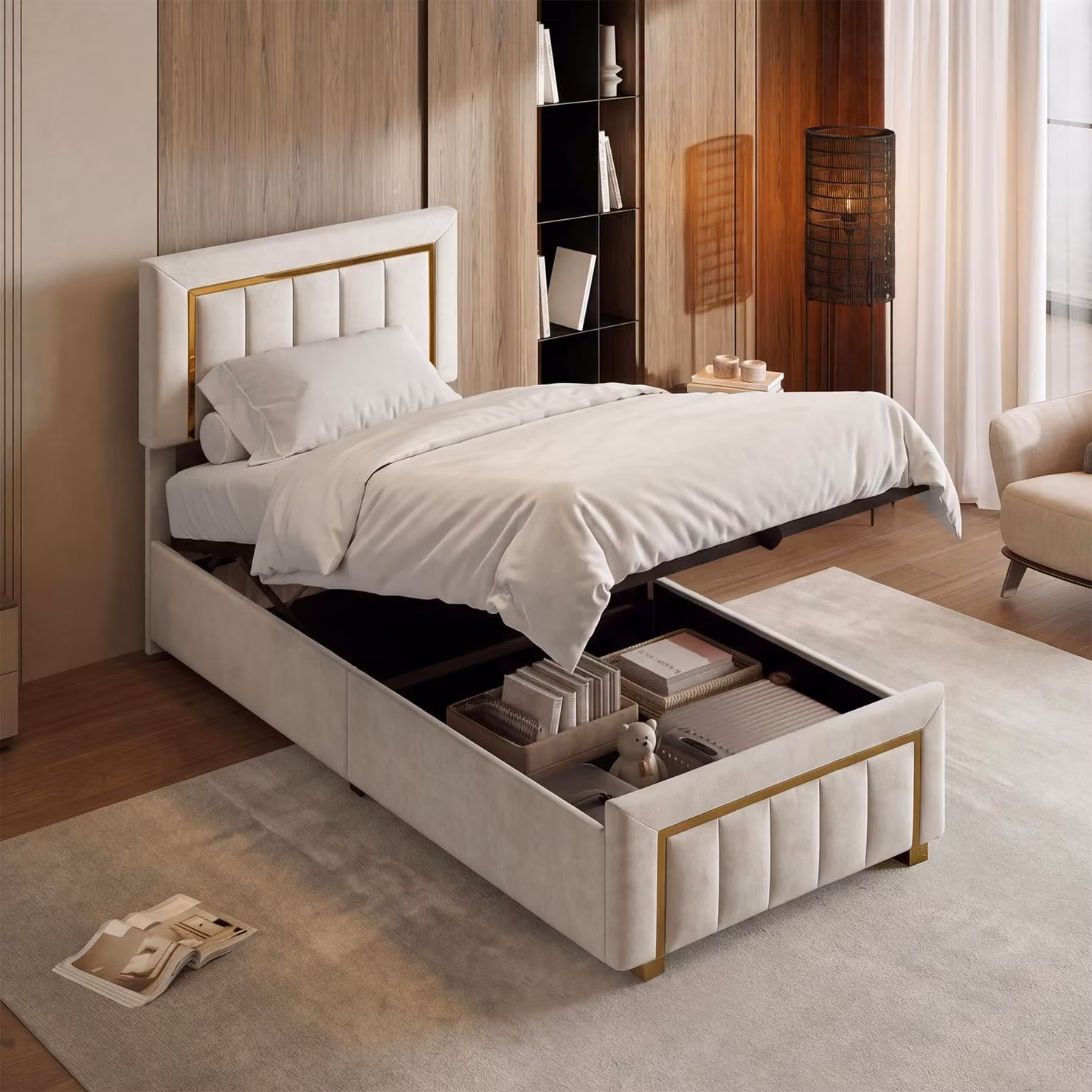Letto imbottito REMZETTA, 90x200 cm, singola, con cassettiera sollevabile idraulica, rivestito in velluto, con rete a doghe, testiera, colore beige, senza materasso