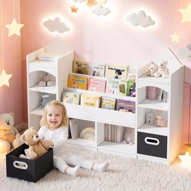 Scaffale per libri bambini bianco 130x30x90 cm, mobile cameretta con 2 scatole pieghevoli