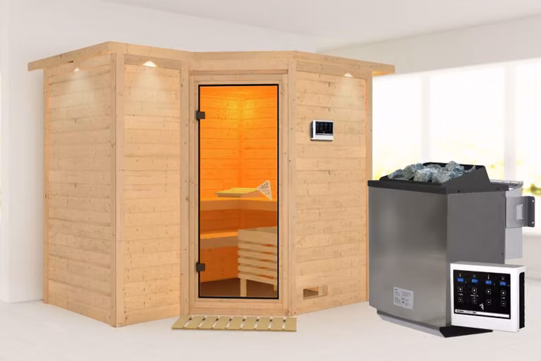Cabina Karibu sauna interna Sahib Sauna interna 3 panche in legno con finitura naturale Cabina sauna Spessore parete: 40 mm Sauna a infrarossi
