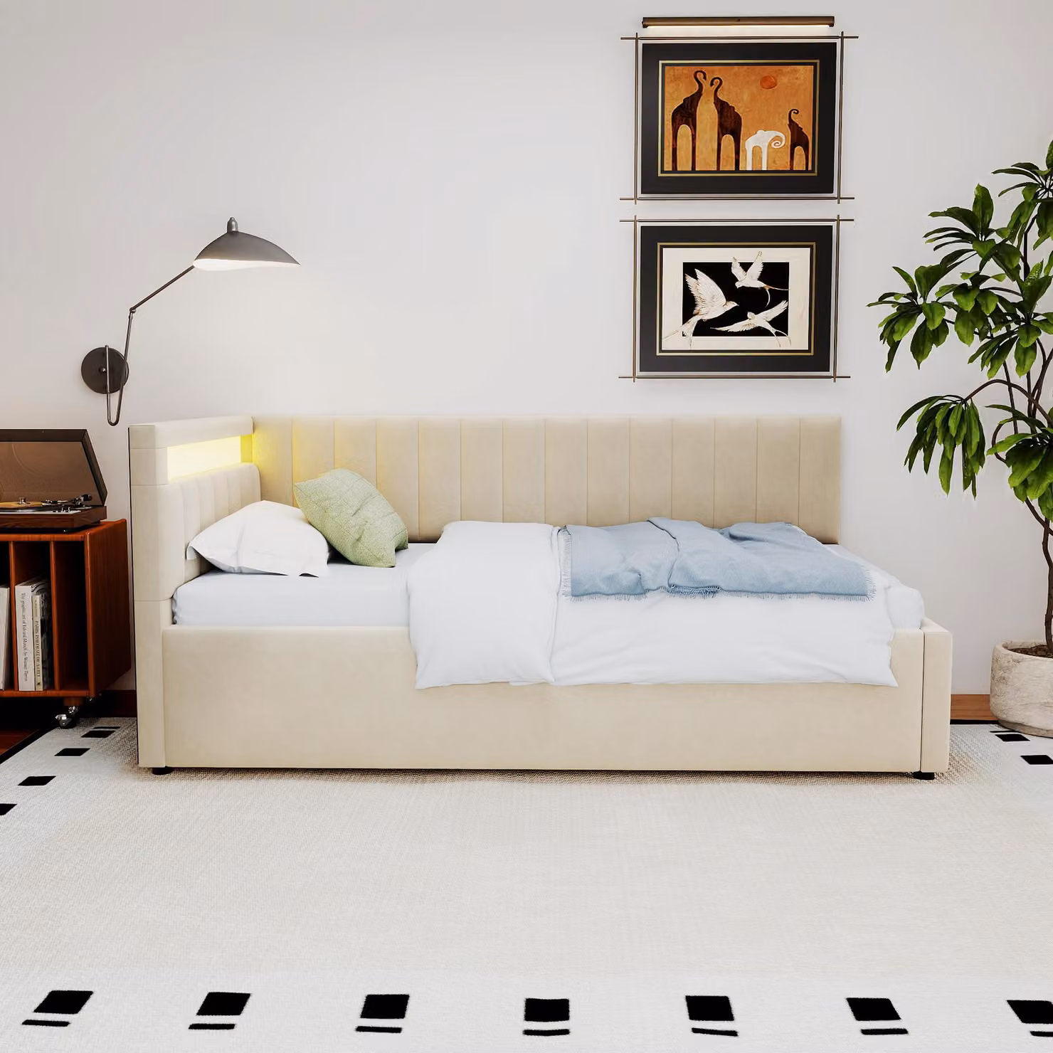 okwish divano letto 90x200cm letto per bambini imbottito con LED e contenitore，testiere laterali con posizioni intercambiabili, tessuto velluto, senza materasso，beige