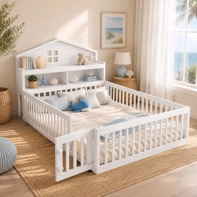 Letto a pavimento ULEVR 140x200 cm a forma di casa con barriera, porta, lavagna e ripiani, bianco