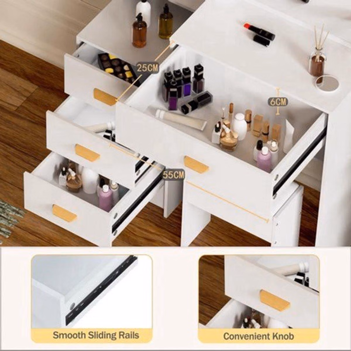 Comò da trucco, colore bianco caldo, dimensioni 90x40x140 cm, struttura in MDF con piano in vetro, dotato di specchio con illuminazione a LED