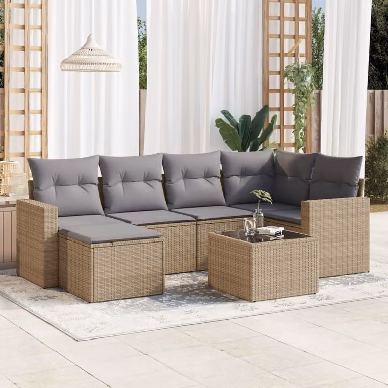 vidaXL Set Divani da Giardino 7 pz a Forma a L con Cuscini Beige e Struttura in Acciaio e Polyrattan