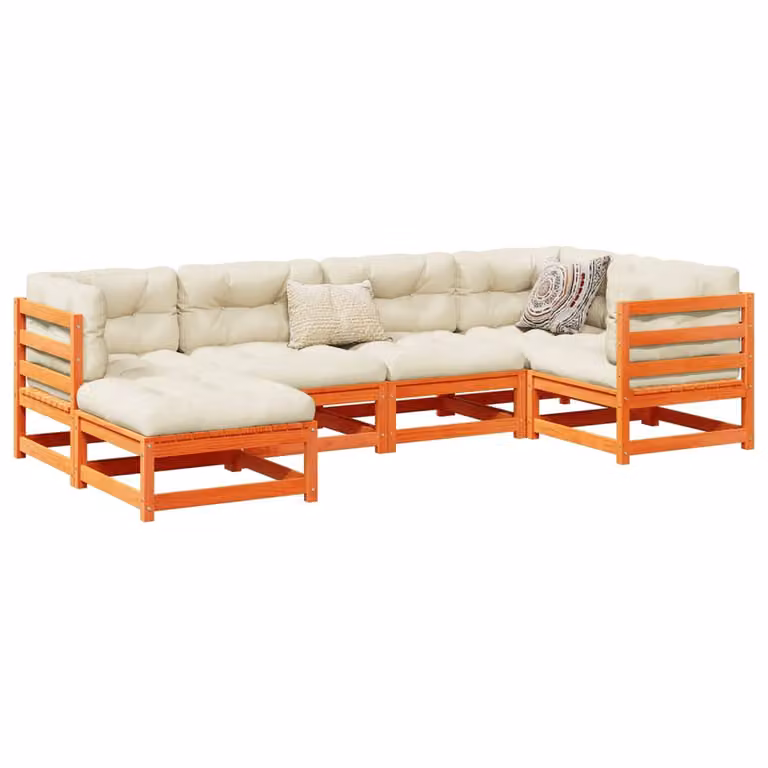 Set di divani da giardino vidaXL in legno massello di pino con cuscini, composizione a L marrone e beige, 6 pezzi