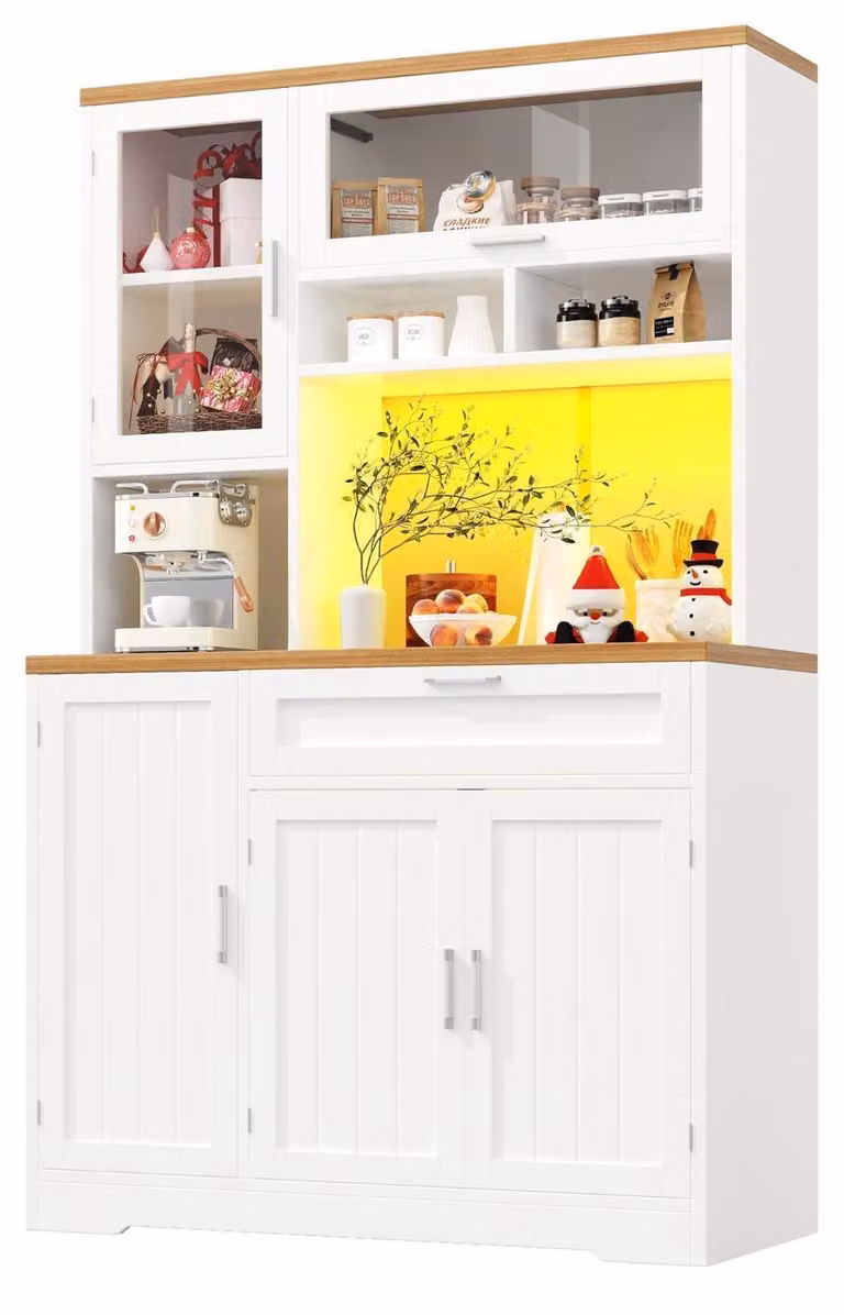 Armadio alto da cucina, 180 cm, con illuminazione a LED e porta in vetro, colore bianco