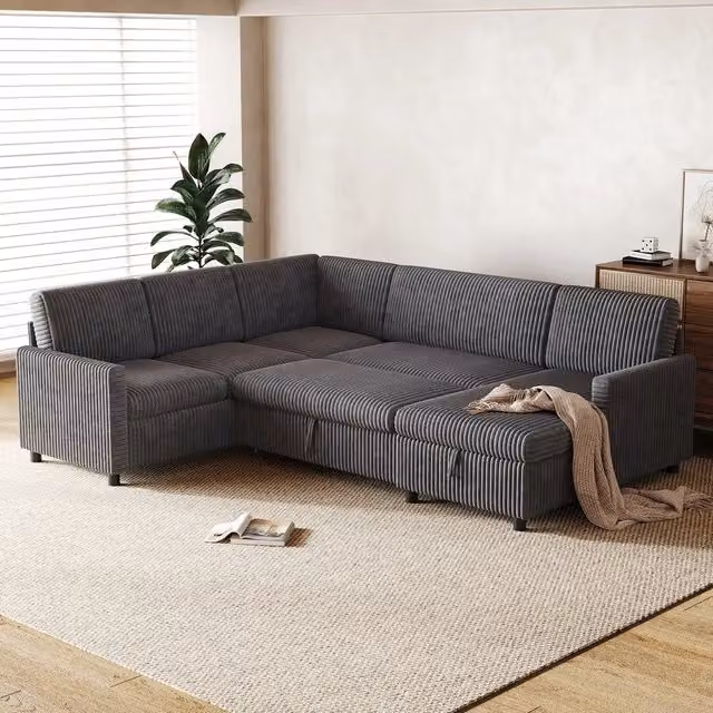 Divano letto angolare Minimal grigio in tessuto corda con contenitore e funzione estraibile L: 220 cm, P: 274 cm, H: 85 cm