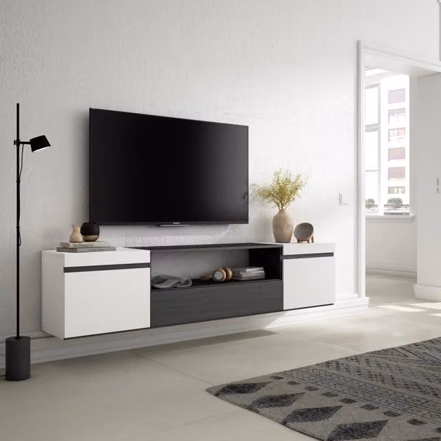 Mobile TV, 200x35x45cm, soggiorno, Per TV fino a 80", da appendere, Bianco e nero RF2204