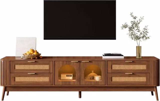 Mobile TV con 4 cassetti, ante in vetro di sicurezza curvato, LED controllabili via APP, gambe in legno massello, pannello truciolare