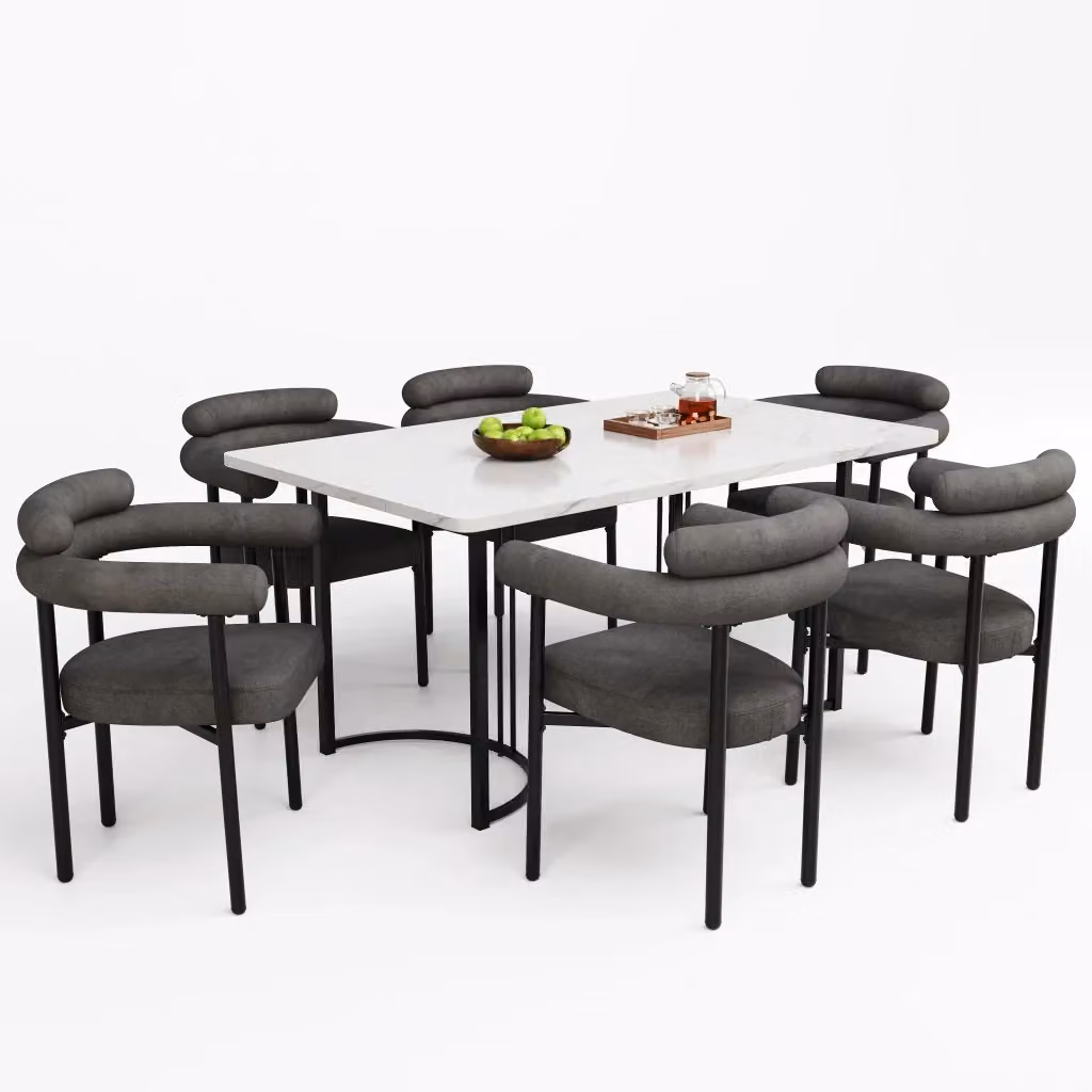 Set da pranzo Minimal composto da tavolo rettangolare e 6 sedie in tessuto scamosciato grigio con gambe in metallo – 2