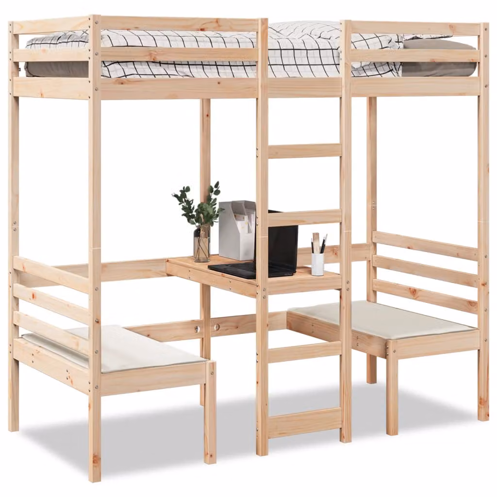 vidaXL Soppalco con Giroletto, Scrivania e Sedie in Legno di Pino, Marrone Multicolore, 90 x 190 cm