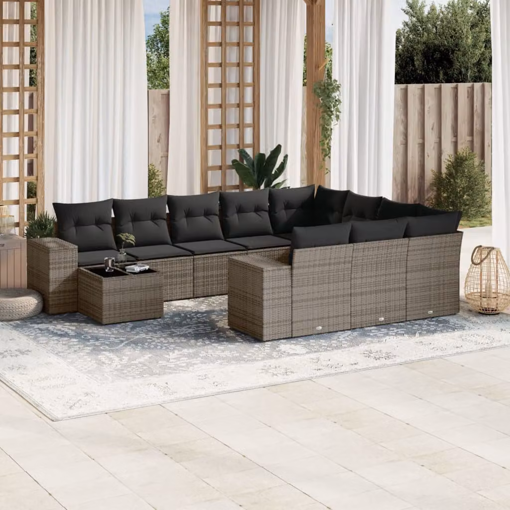 vidaXL Set Divani da Giardino 11 pz a Forma a L con Cuscini in Polyrattan e Tavolino, Grigio – 1