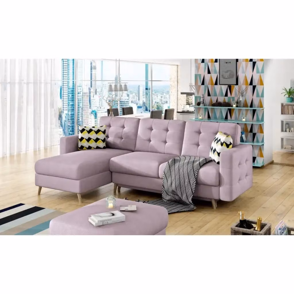Divano angolare trasformabile MEUBLORAMA rosa con funzione letto e vano contenitore, design scandinavo in tessuto e struttura in legno massiccio, L/P/H: 248 x 162 cm – 2
