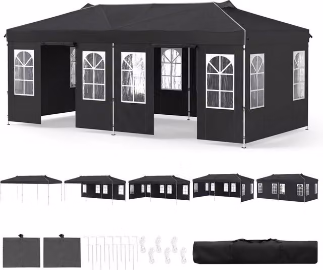 Gazebo da esterno pieghevole 3 x 6 m con pareti rimovibili striscie riflettenti sacchi di sabbia, Tendone pop up regolabile in altezza Nero