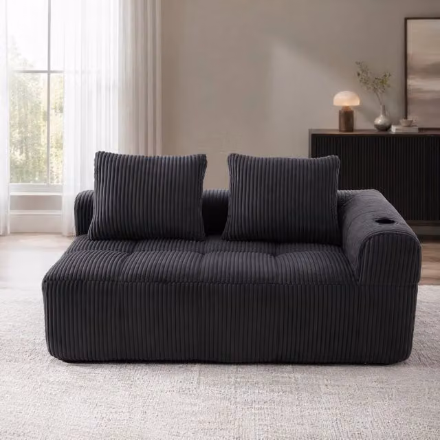 Divano REDOM in tessuto a coste grigio con tasche laterali e portabicchieri L: 158 cm, P: 93 cm, H: 61 cm – 1