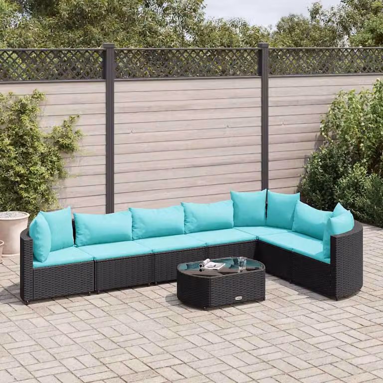 Set Divano da Giardino a L con Tavolino vidaXL, 8 Pezzi in Polyrattan Nero con Cuscini Imbottiti e Telaio in Acciaio