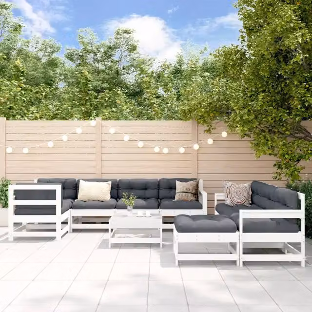 Set Divani da Giardino 10 pz con Cuscini Legno Massello Bianco 3186082