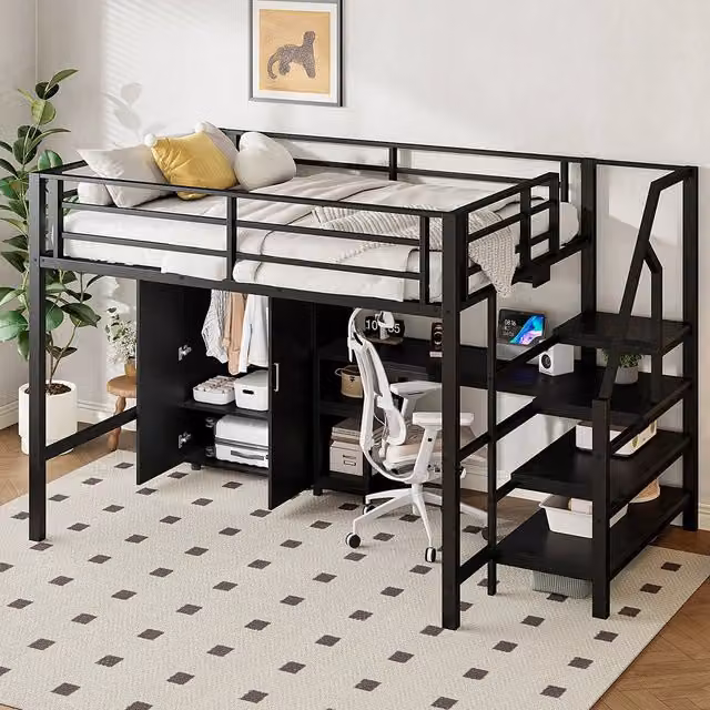 Letto mezzanino 140x200cm - Xylo - nero, armadio, organizzazione pratica