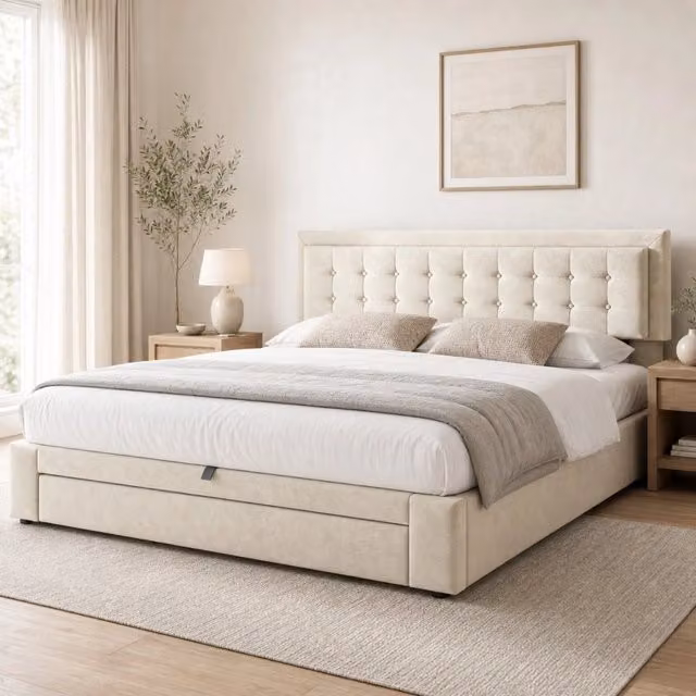 Letto matrimoniale 160x200 cm in velluto beige con contenitore e testiera regolabile
