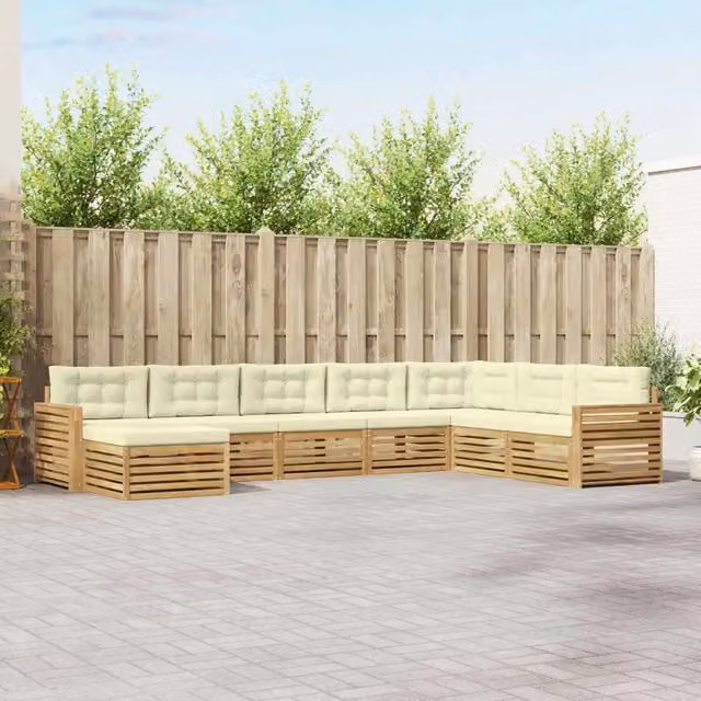 Set di divani da esterno a L vidaXL in legno di acacia con cuscini, 8 pezzi, Bianco e Beige