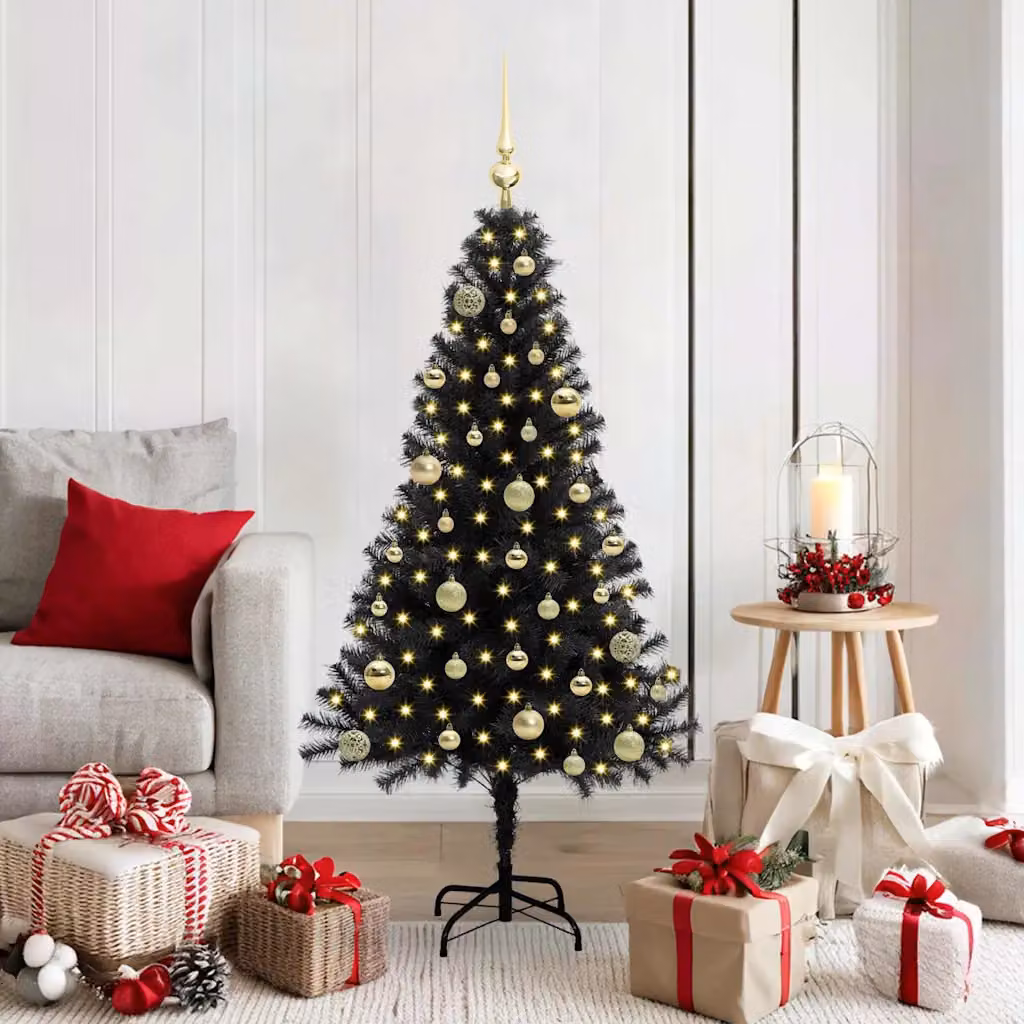 Albero di Natale moderno vidaXL nero in PVC con luci LED bianco caldo, altezza 150 cm
